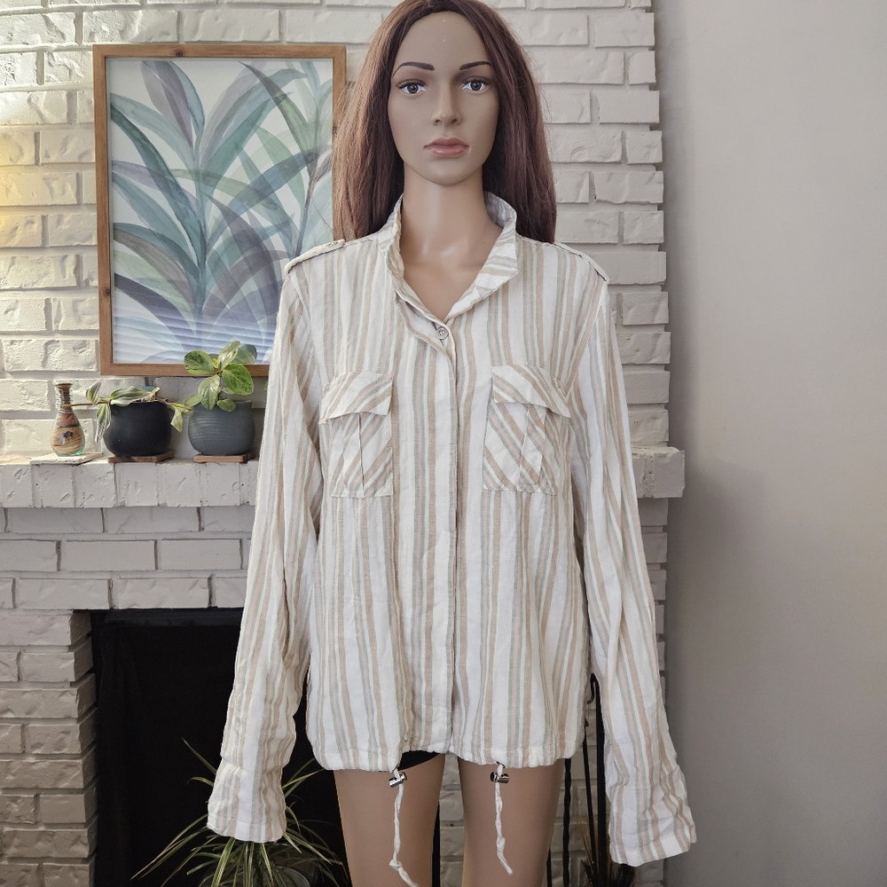 Velvet Heart linen button down shirt Medium cream vertical stripes long sleeves